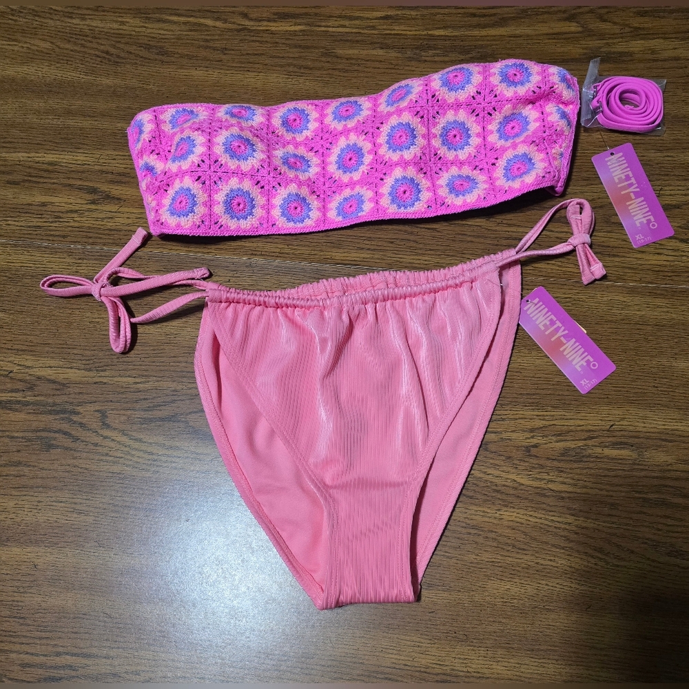 NEW Pink Floral Crochet Bandeau Bikini Set Size XL